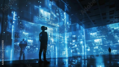 Silhouette of a person in VR headset looking at futuristic data screens