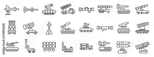 Anti aircraft missile system icons set outline vector. Artillery gun. Mortar vehicle war