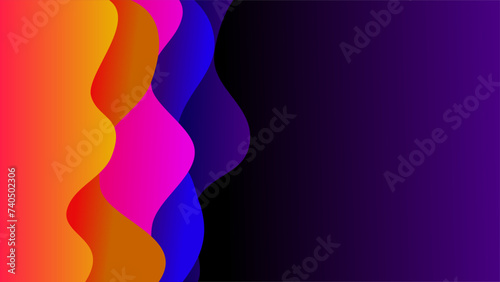 Colorful sunset and night color waves over dark violet gradient presentation background.