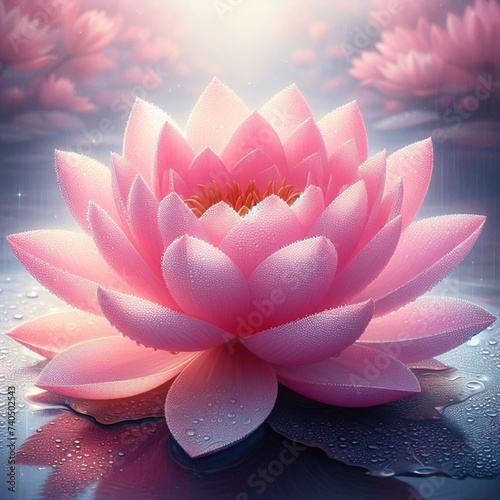 The image portrays a vibrant pink lotus flower in full bloom, resting on a reflective surface with droplets of water. The background features more lotus flowers, creating a serene and mystical atmosph