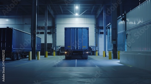 Professional grade Big rig blue semi truck with open door empty semi trailer standing at warehouse parking lot at industrial area waiting for the commercial load for the next delivery : Generative AI