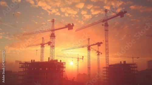 Buildings under construction and cranes working during sunset or sunrise