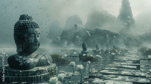 An ancient Buddha statue sits amidst a misty pond full of lotuses, with a traditional temple in the background.