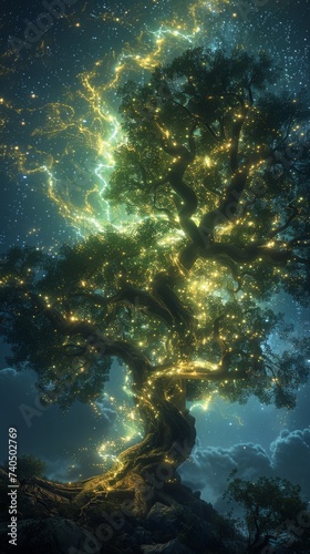 Luminous neon oxygen molecules swirling around an ancient tree under a starlit sky breathing life into the night