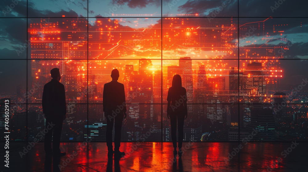 A group of people in business attire stand in front of a giant ...