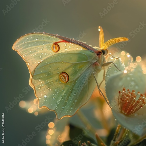 Morning dew on a luna moths antennae each droplet a lens to a dreamy moonlit fairy dance photo