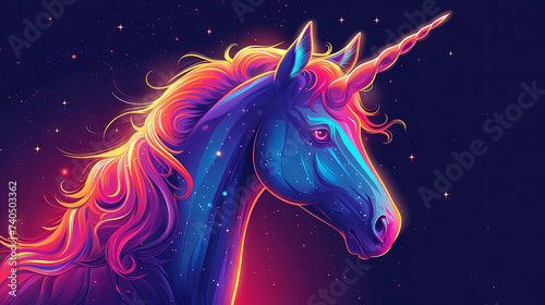 Portrait of neon unicorn with a single large, pointed, spiraling horn projecting from its forehead
