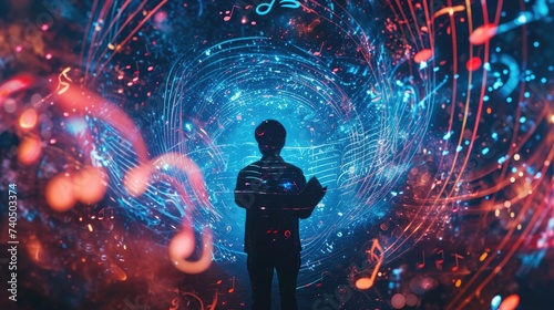 A holographic synthesizer its keys and sliders glowing with otherworldly colors being played by a musician as they add electronic elements