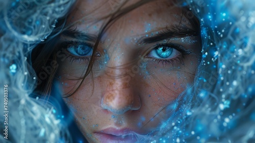 Mystic in a hood face a swirling vortex submerged in an underwater realm of glowing coral cities