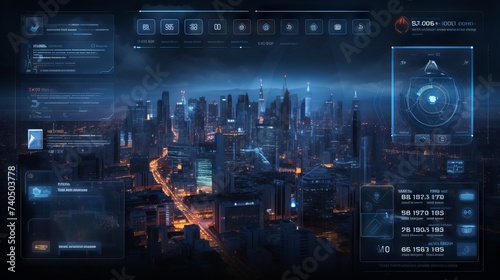 Dynamic hud business interface illuminates night cityscape