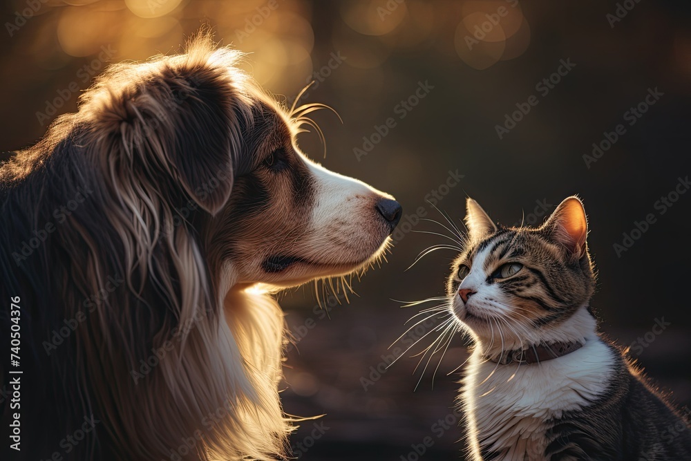 The dog looks at the cat. The dog looks at the cat.