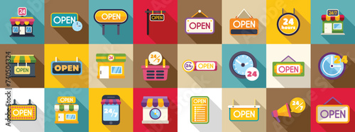 Shop opening hours icons set flat vector. Store time sign. Open mall changed
