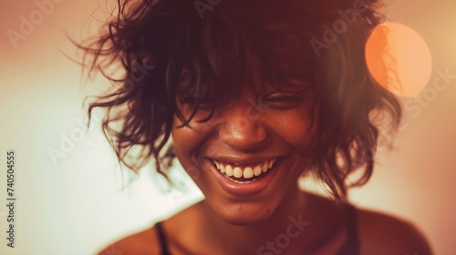 Indoor portrait of beautiful brunette young darkskinned woman with shaggy hairstyle smiling cheerfully showing her white teeth to camera while feeling happy and carefree on her first d : Generative AI