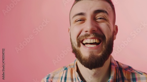 Cheerful hipster guy smiles happily has excited expression dresssed casually celebrates his anniversary or promotion at work isolated over pink studio background People youth emotions  : Generative AI
