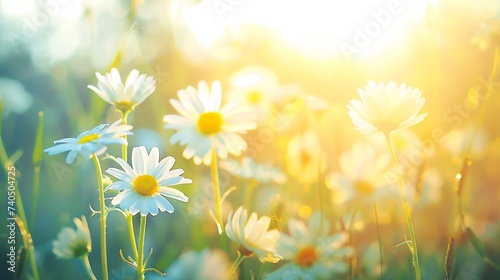 Chamomile flowers field wide background in sun light Summer Daisies Beautiful nature scene with blooming medical chamomilles Alternative medicine Camomile Spring flower background Beau : Generative AI © Generative AI
