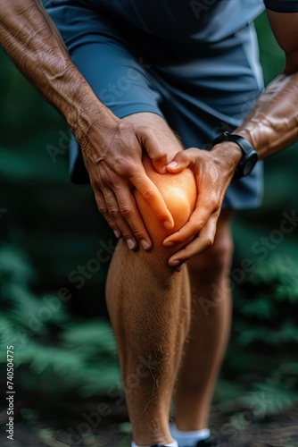 close-up of hands holding onto a sore knee.
