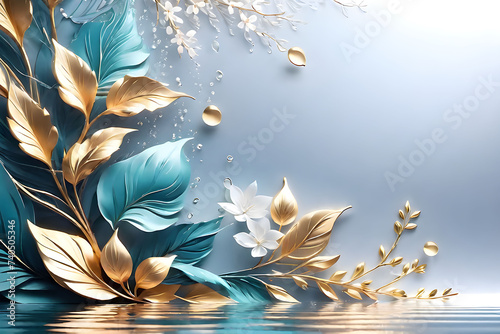 golden and blue Leaves with water drops fall, 3d metallic style. Abstract Design free space minimalistic background