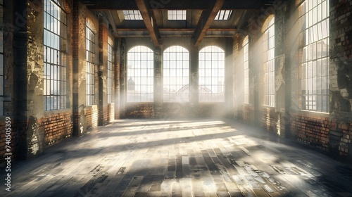 Empty, large interior with old brick walls and big windows. Interior concept background .3d Render : Generative AI