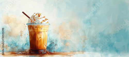 banner of watercolor illustration of Iced coffee, beverage served cold, summer drink concept