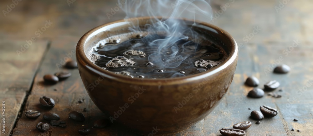 Aromatic coffee in a white porcelain cup with swirling steam rising in the air Aromatic coffee in a white porcelain cup with swirling steam rising in the air