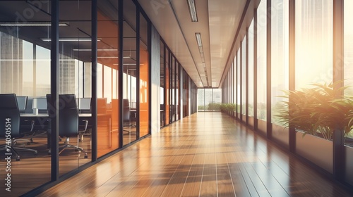 Contemporary office space: expansive corridor with blurred room background, ideal for business presentations, corporate events, and commercial projects  