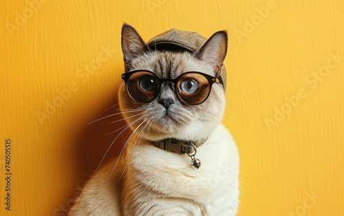 Birman cat with sunglasses and cap on a professional background © hakule