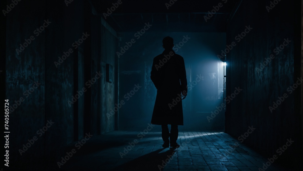 A mysterious figure stands in the shadows, their back turned to the viewer