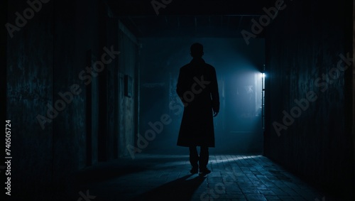 A mysterious figure stands in the shadows, their back turned to the viewer