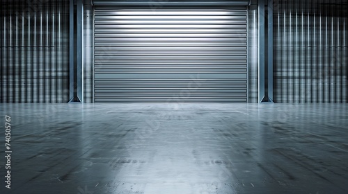 Roller door or roller shutter using for factory, warehouse or hangar. Industrial building interior consist of polished concrete floor and closed door for product display or industry ba : Generative AI photo