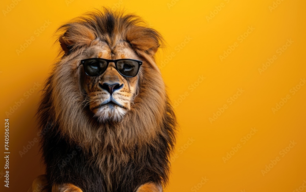 Lion with sunglasses on a professional background
