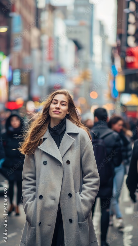A young woman standing out in a crowded street A young woman standing out in a crowded street