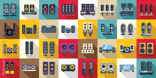 Home theater icons set flat vector. Speaker audio. Center digital projector