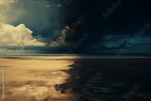 Contrasting storm clouds over serene beach, perfect for dramatic backdrops and nature-themed designs.