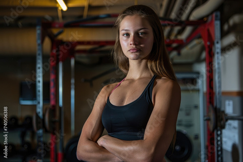 Portrait of Young female adult bodybuilder standing in gym