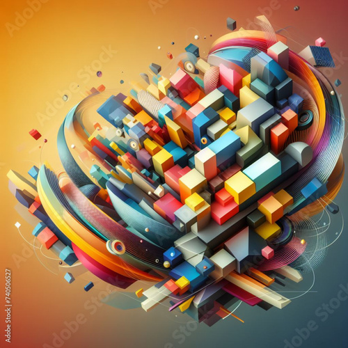 The picture is a blast of energetic mathematical shapes. 3D shapes, square shapes, and other unclear structures burst outward, making a dynamic and fiery enhanced visualization.