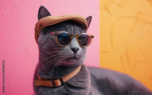 Russian Blue cat with sunglasses on a professional background