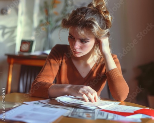 Woman sitting at table looking down at papers, current inflation design