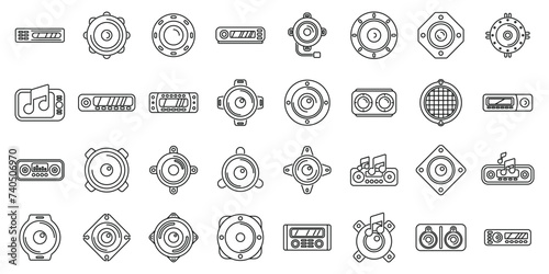Acoustics car icons set outline vector. Music sound system. Audio auto cd
