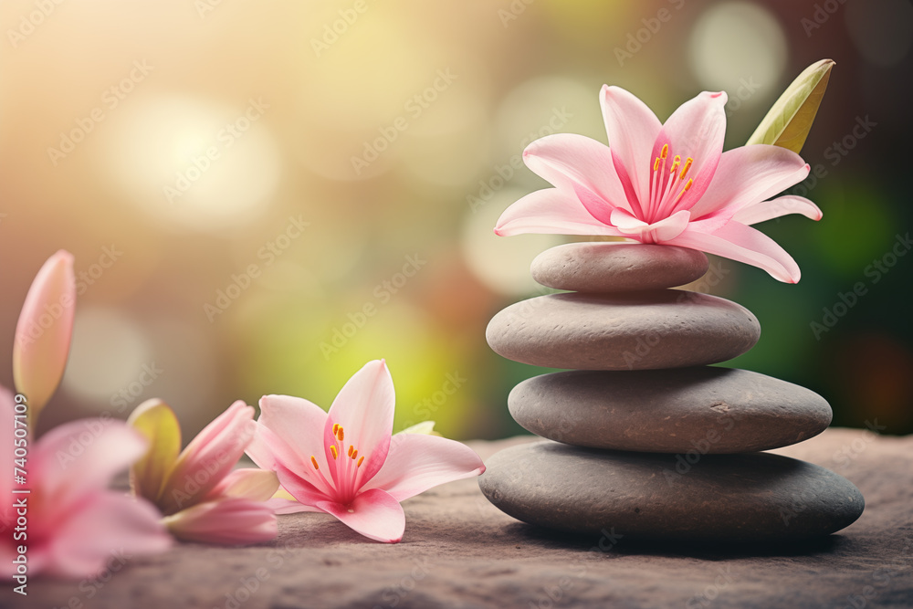 Pink flowers rest on spa rocks. Gives a comfortable feeling Pink flowers rest on spa rocks. Gives a comfortable feeling