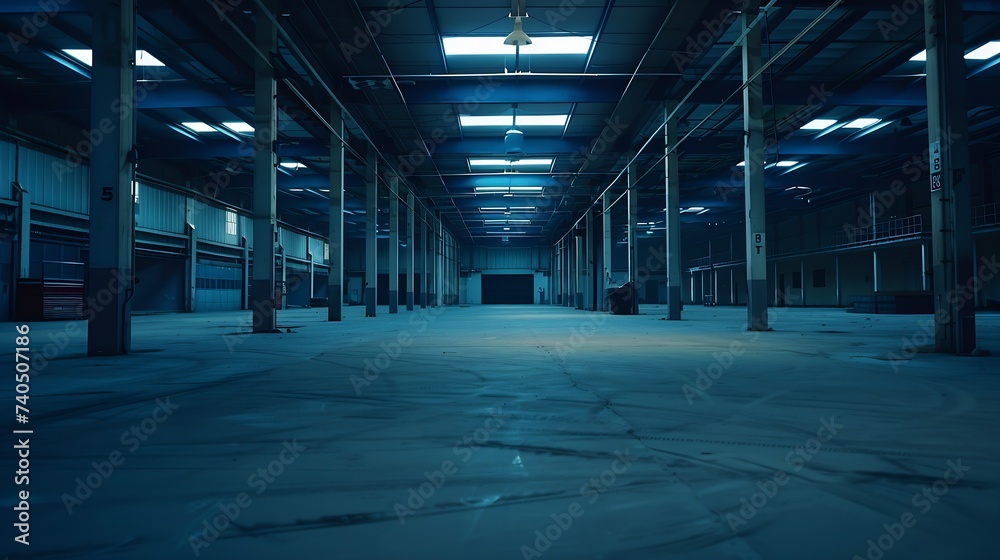 Naklejka premium Empty Warehouse Interior. Industrial Shed or Parking Lot. Urban, Rough Under-construction Background. : Generative AI