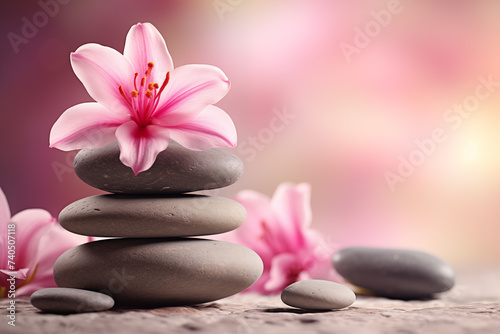 Pink flowers rest on spa rocks. Gives a comfortable feeling