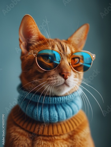 portrait of Abyssinian cat with sunglasses cosplay human, 960s space-age fashion