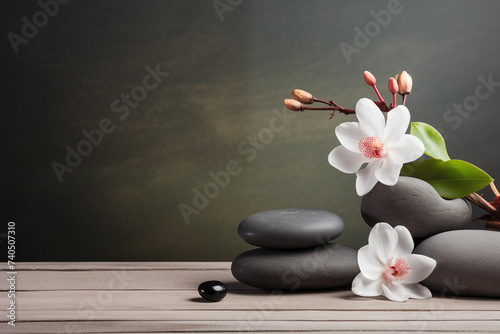 Beautiful composition with spa stones on wood marble table