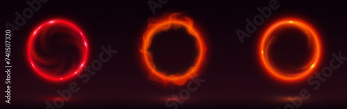 Magic circle portal with fire, neon glow and sparks on black background. Realistic vector illustration set of light ring with red and orange hot flare glow effect. Bright round border with flame.