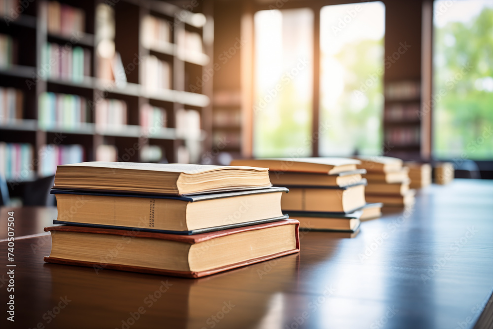 Library and books placed on a wooden table Library and books placed on a wooden table