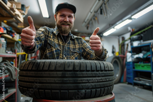 Smiling mechanic showing thumbs up with car tire in the car repair shop
