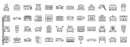 Car showroom icons set outline vector. Building dealer auto. Shop garage photo