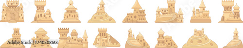 Castle sand icons set cartoon vector. Beach toy childhood. Figure bucket