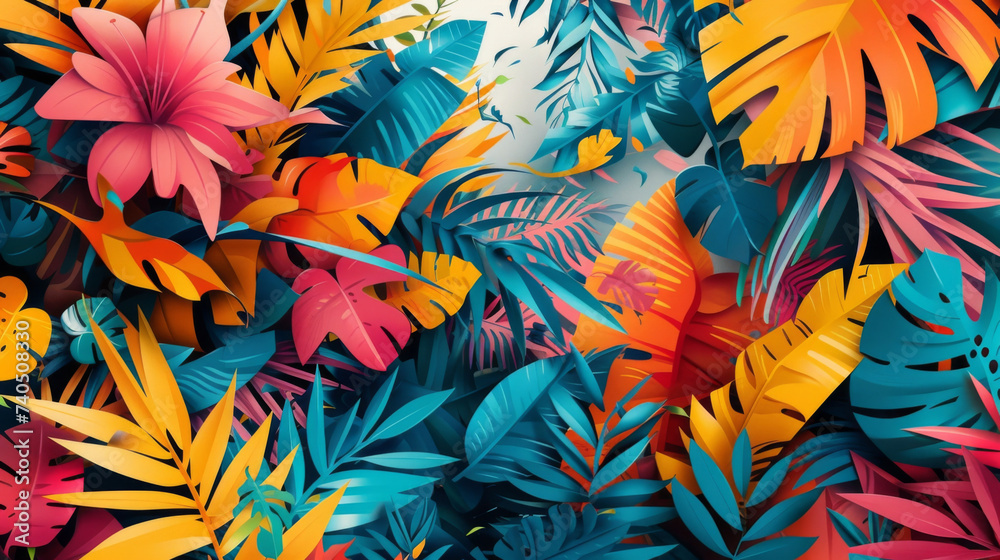 Layers of bold abstract forms in an array of tropical colors create a dynamic and energetic scene that captures the essence of a lively bustling jungle. Layers of bold abstract forms in an array of tropical colors create a dynamic and energetic scene that captures the essence of a lively bustling jungle.