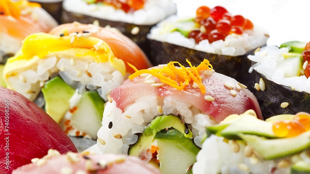 Sushi rolls japanese food isolated on white background California Sushi roll with tuna vegetables and unagi sauce closeup Japan restaurant menu : Generative AI Sushi rolls japanese food isolated on white background California Sushi roll with tuna vegetables and unagi sauce closeup Japan restaurant menu : Generative AI